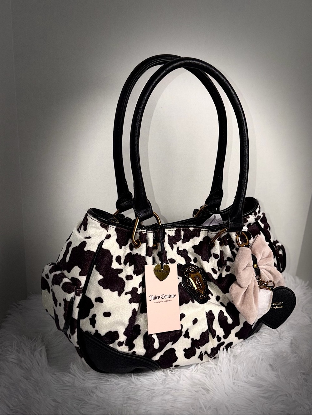 Juicy Couture Black & White Cow Print Shoulder Bag with Pink Charm